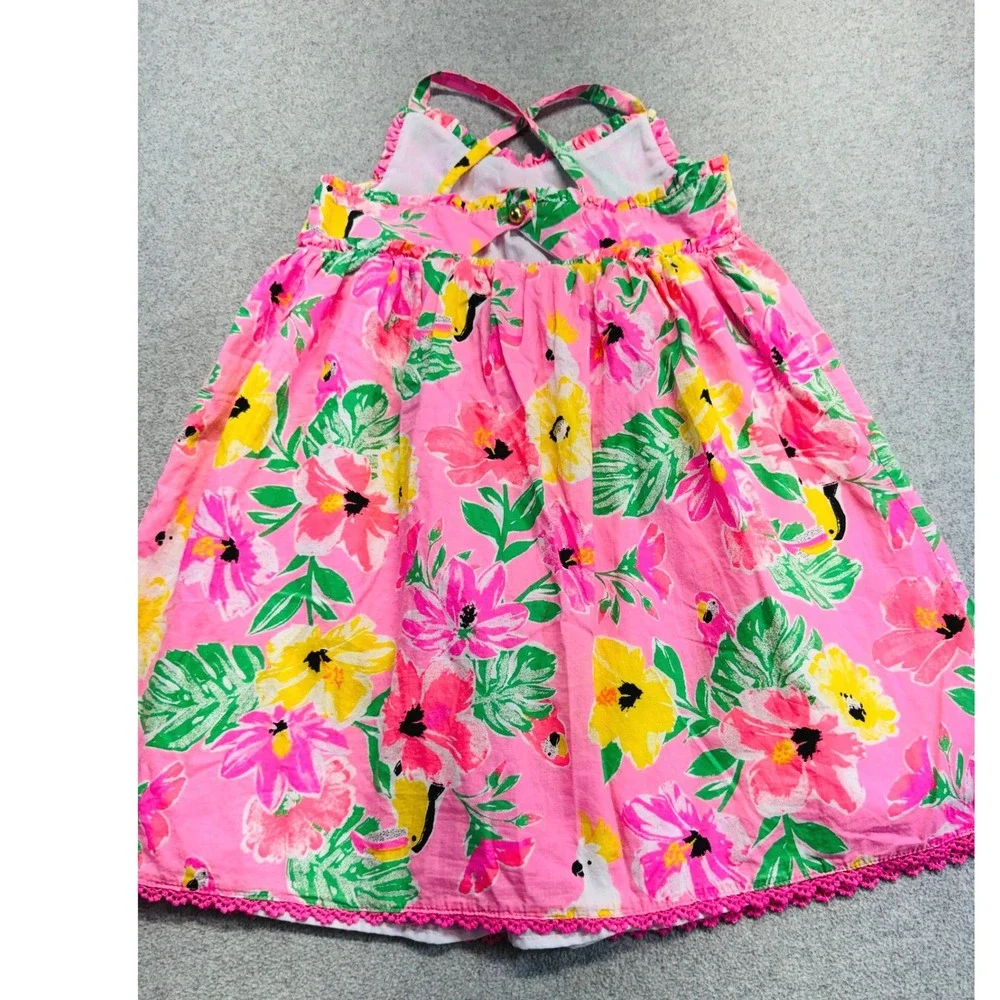 Tommy Bahama Tropical Floral‎ Sundress Size 4 Pink Toucan Parrot Crochet Trim